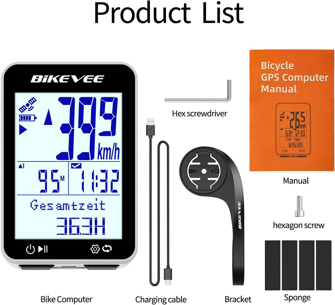 GPS Fahrradcomputer Kabellos IPX7 Wasserdicht 2.4'' FSTN Display 28H Akku Weiss-B【Verlängerte Fronth