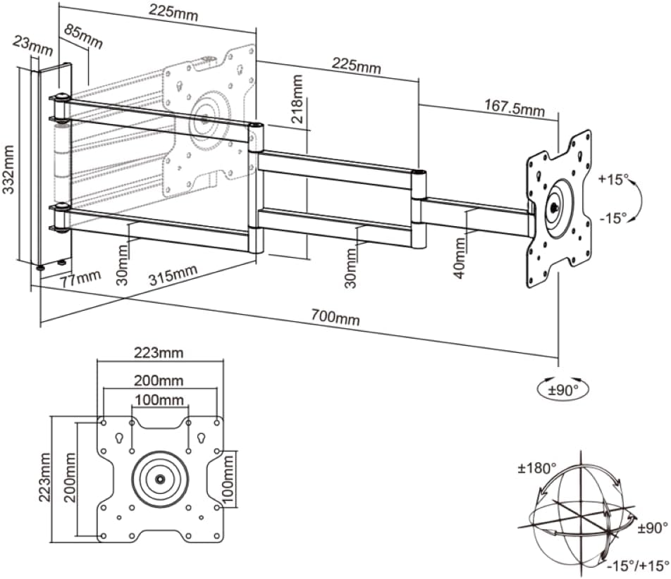 Axis XL 70 cm TV Wandhalterung, Langer Schwenkarm Wandabstand bis 70 cm, ausziehen, schwenken, drehe