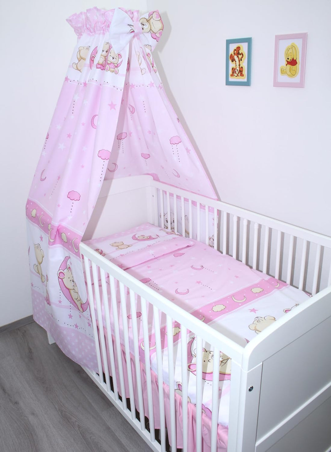 Baby Bettset Bettwäsche mit Himmel Vollstoff - Bärchen Rosa - Bettausstattung Set (5 teilig), 5 teil