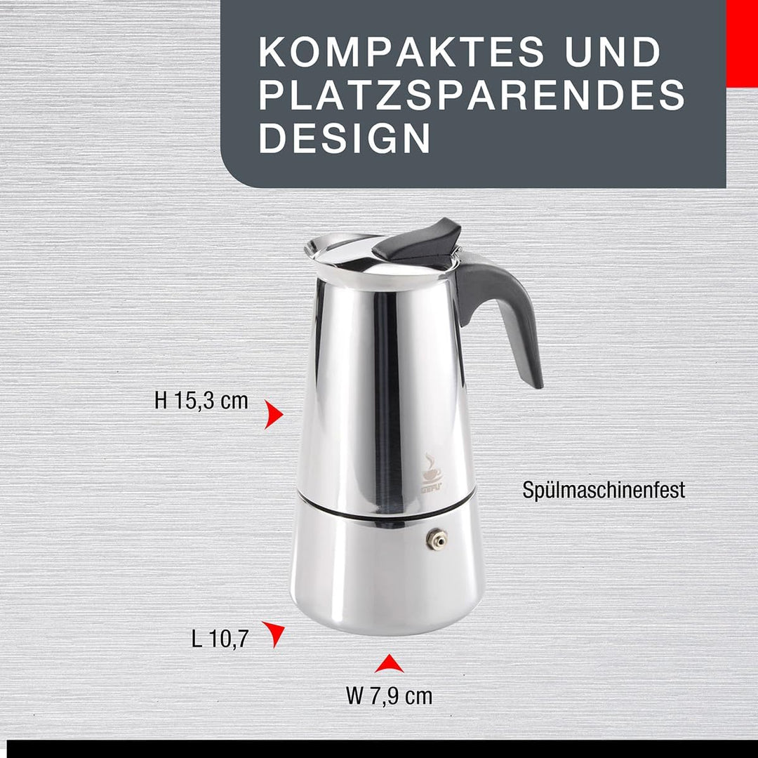 GEFU Espressokocher EMILIO 2 Tassen | Edelstahl Mokkakanne für Induktion, Gas, Elektro, Ceran | Trop