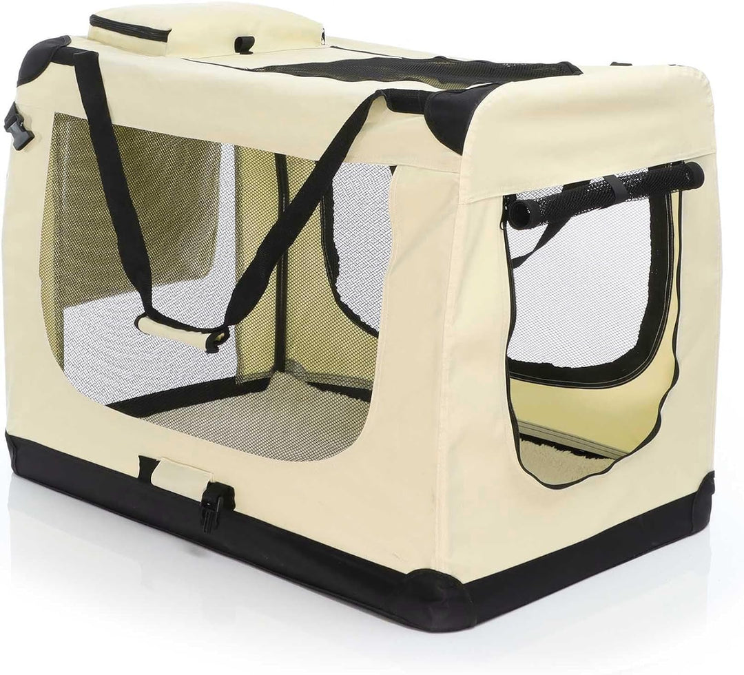 Fudajo Faltbare Transportbox in Beige für Haustiere, Grösse XXL (90x63x63cm), Tragegriff, Liegedecke