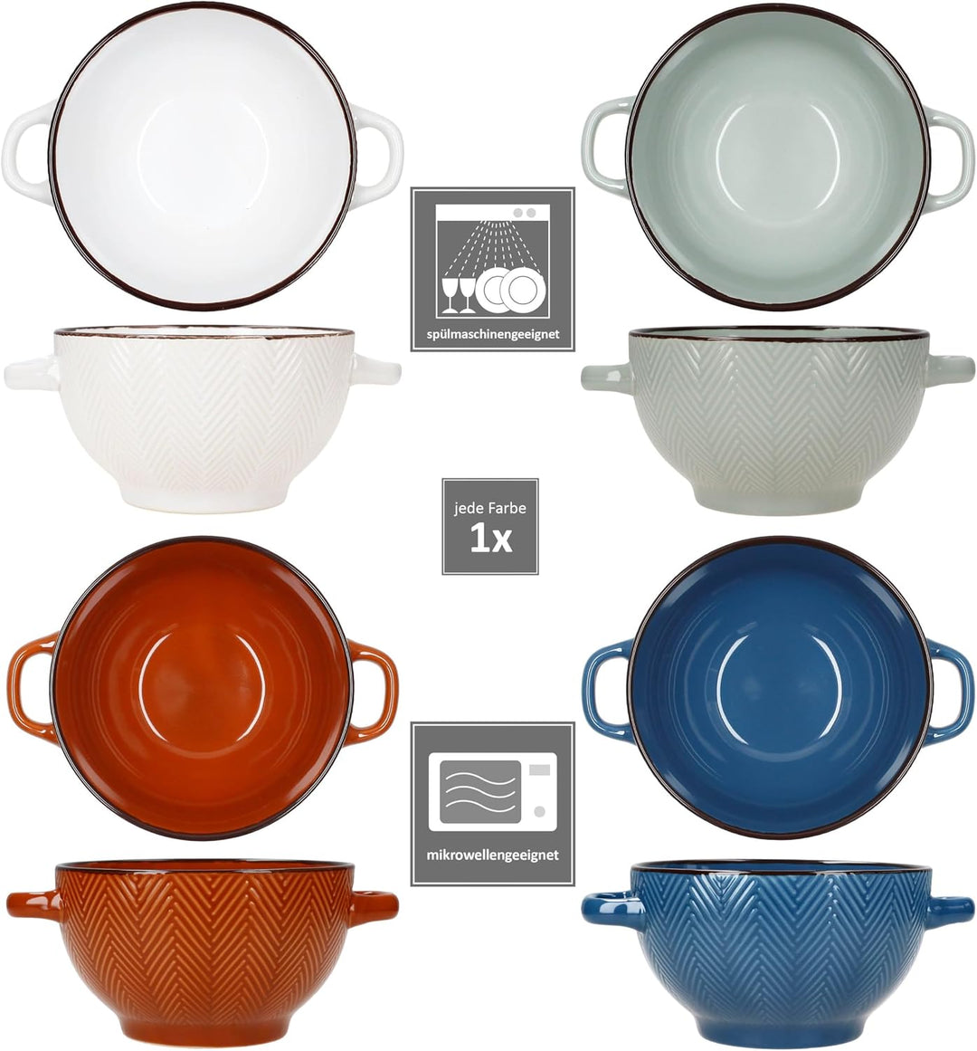 MamboCat 4er Set Chevron Suppentassen I 450ml, Ø13cm I 1x Blau, Braun, Olivgrün & Weiss mit braunem