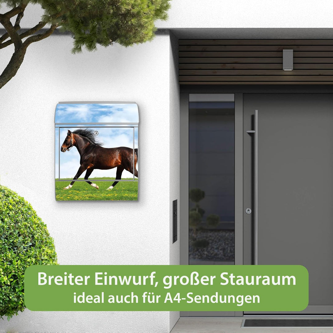 banjado® Design Briefkasten mit Motiv Pferd 39x47x14cm &amp; 2 Schlüssel - Briefkasten Stahl Silber mit