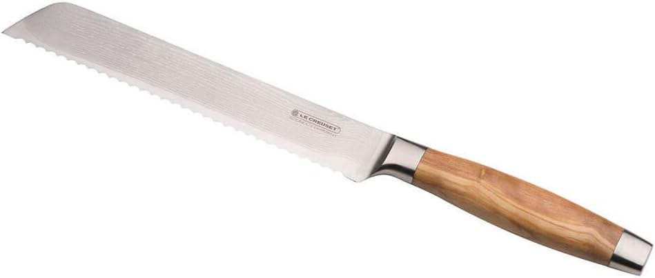Le Creuset Brotmesser, 20 cm 18/8 Damaststahlklinge mit Wellenschliff, Olivenholzgriff, Braun/Silber