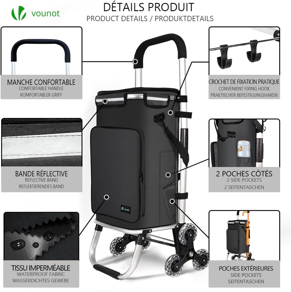 VOUNOT® Aluminium Einkaufstrolley Treppensteiger, 3 in 1 Trolly Einkaufswagen Klappbar, Hackenporsch