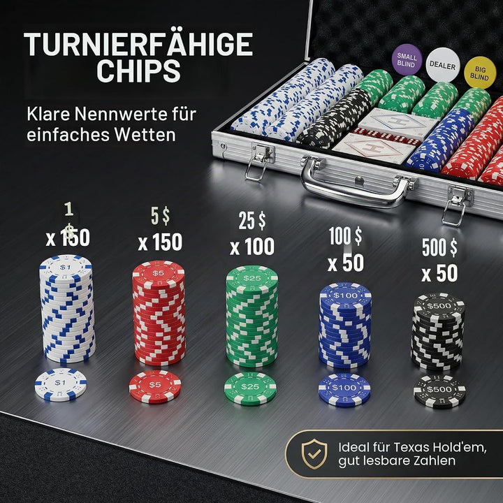 Pokerchips-Set mit Wertangaben, 500 Stück, 11,5 Gramm, nummerierte Chips mit Aluminiumkoffer, von $1