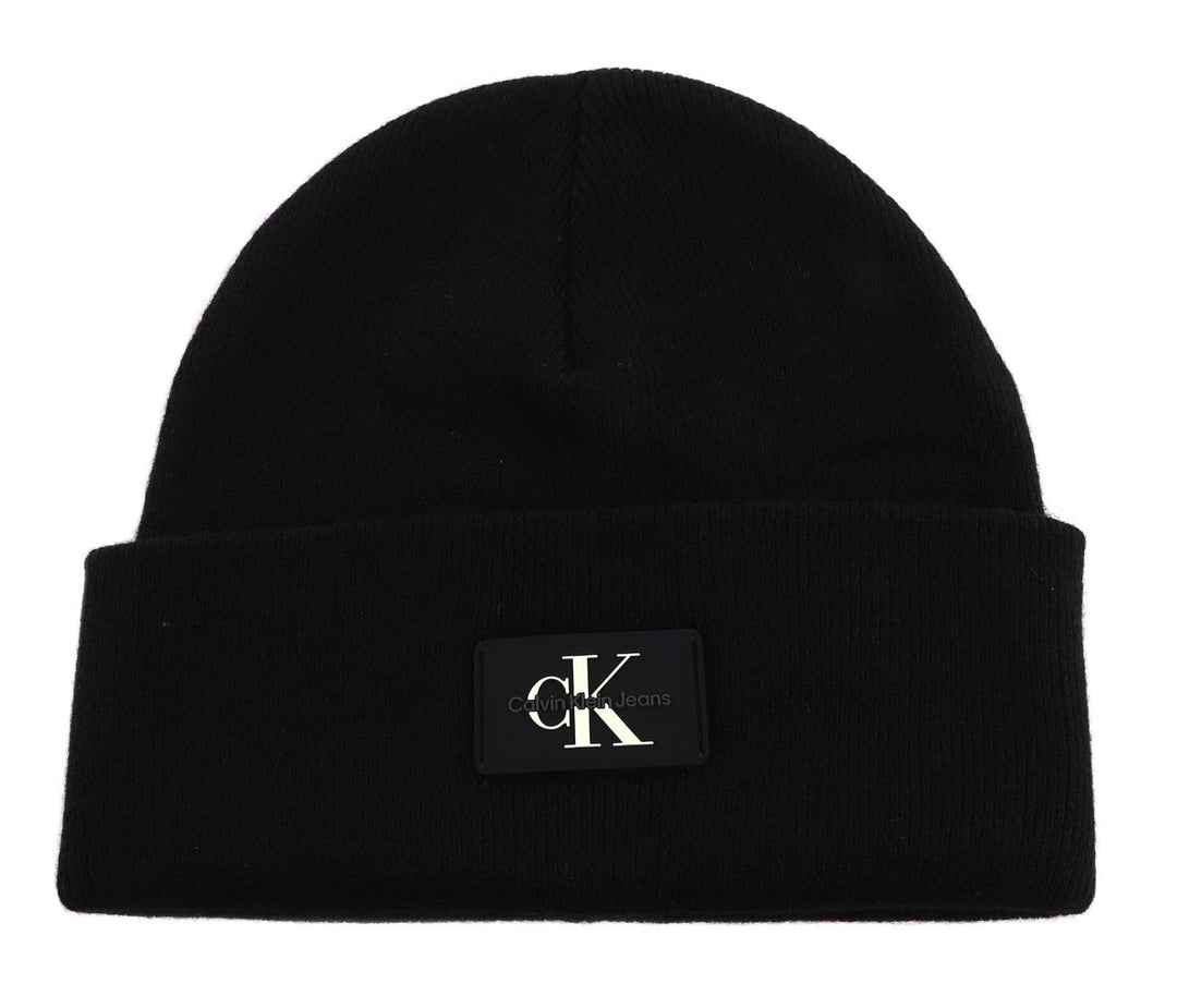 Calvin Klein Herren Monologo Patch Non-Rib Beanie Strickmütze Einheitsgrösse Schwarz, Einheitsgrösse