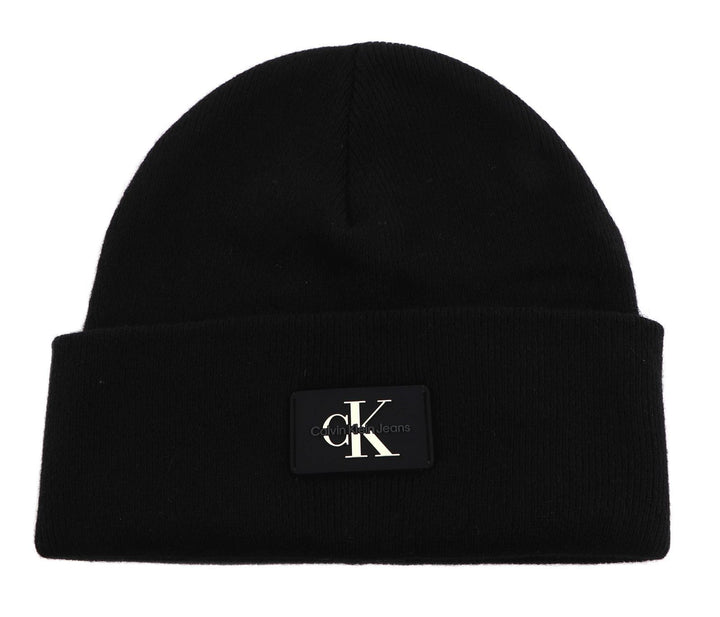 Calvin Klein Herren Monologo Patch Non-Rib Beanie Strickmütze Einheitsgrösse Schwarz, Einheitsgrösse