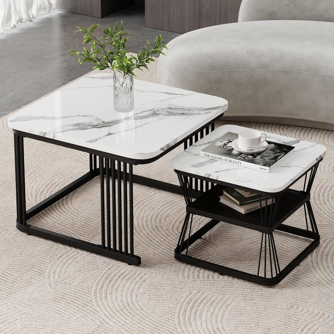 Merax Quadratisch Couchtisch 2er Set, Moderne Wohnzimmertisch mit Marmoroptik, Hochglänzend Satztisc