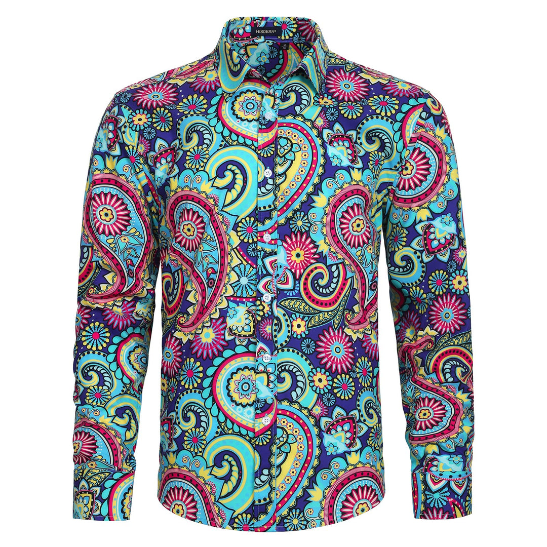 HISDERN Herren Paisley Hemd Langarm Satin Blumen Muster Hemd für Männer Jacquard Stickerei Freizeith