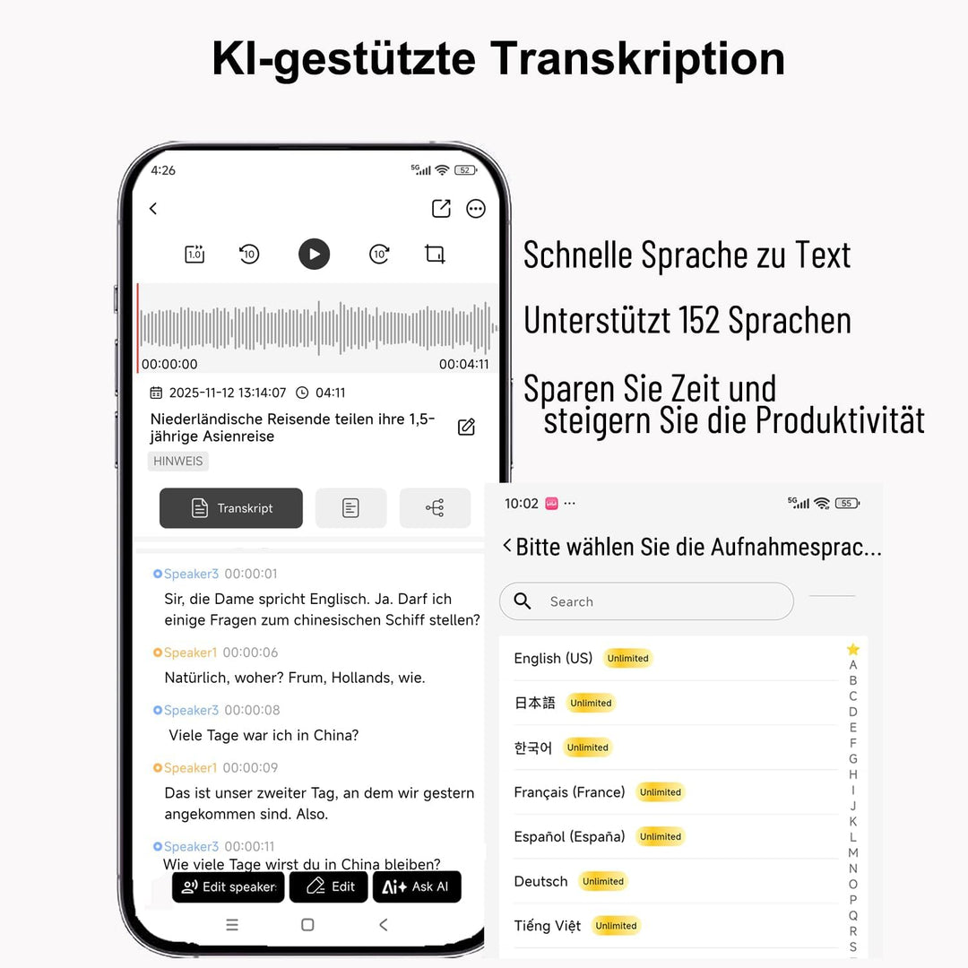 KI Digitales Diktiergerät Aufnahmegerät mit KI Transkription, Mindmap und Zusammenfassen Magnetisch