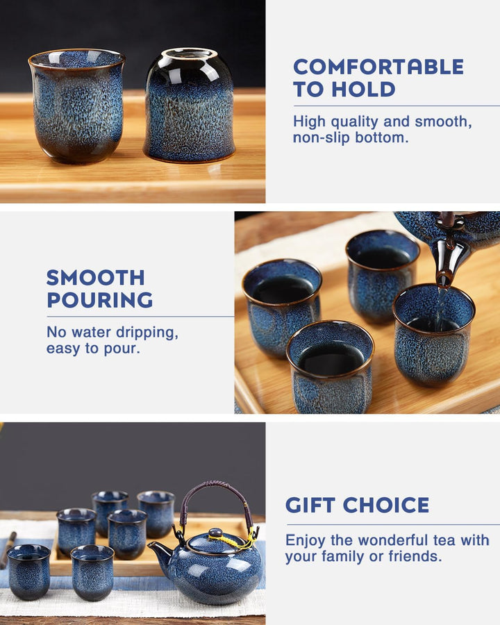 DUJUST japanische Porzellan Teeservice, einzigartiges chinesisches Teeservice Set, hellblau, Blau