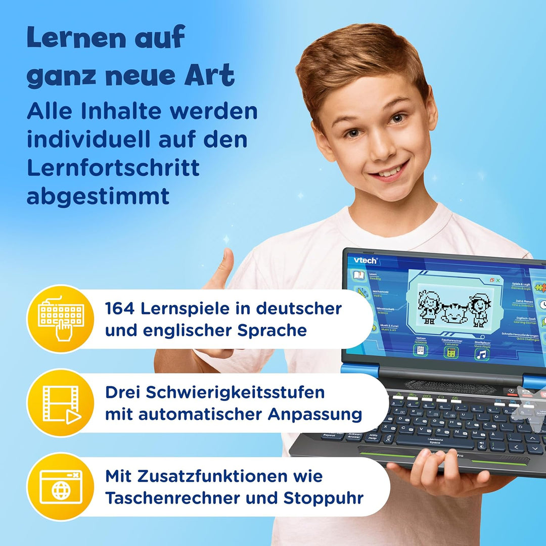 Vtech Explorer Laptop Pro Blau I Lernlaptop mit 164 Spielen I Bilingual Deutsch Englisch I 8 Lernkat