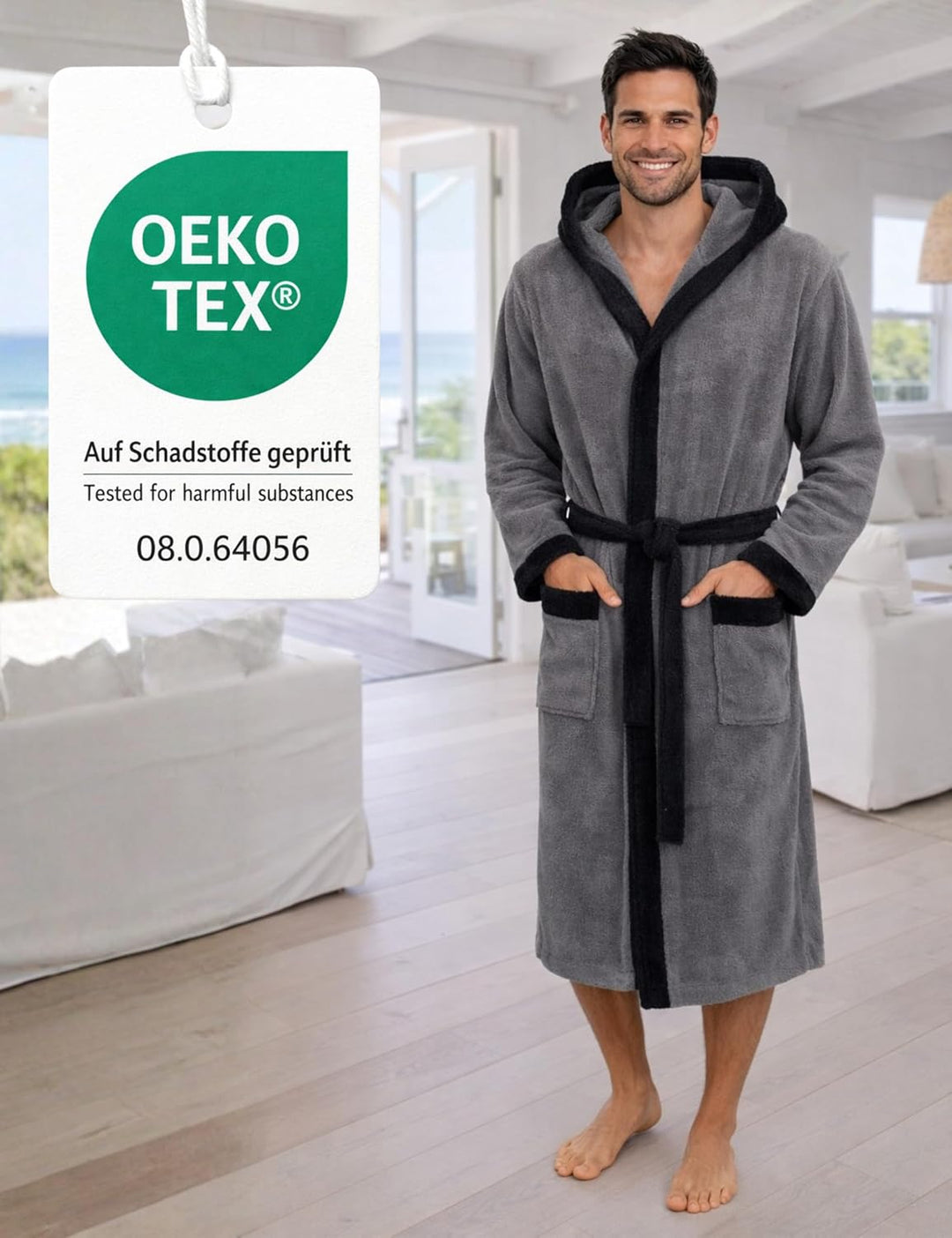 Morgenstern Bademantel Herren Kapuze Frottee 100% Baumwolle Lang Cadiz Salamanca M Grau-Schwarzgrau,