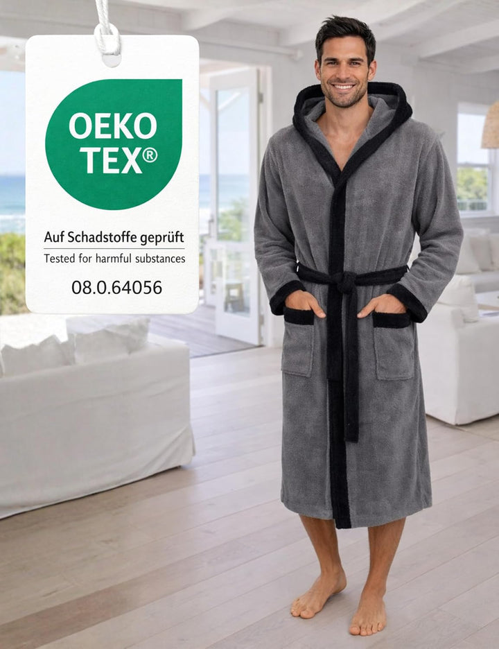 Morgenstern Bademantel Herren Kapuze Frottee 100% Baumwolle Lang Cadiz Salamanca M Grau-Schwarzgrau,
