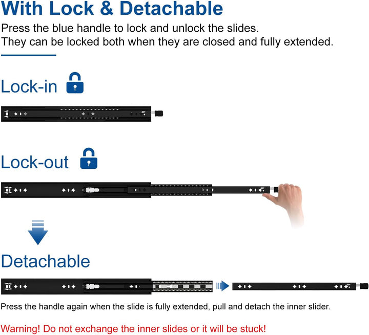 Schubladenschienen mit Schloss 600mm, 100kg Tragfähigkeit Schwerlast-Schubladenauszüge Vollauszug Se