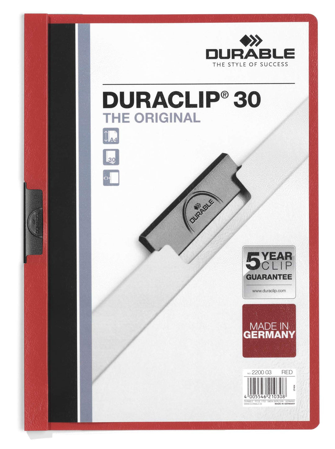 Durable Klemm-Mappe Duraclip Original 30 (für 1-30 Blatt A4), 25 Stück, rot, 220003 rot 1 - 30 Blatt