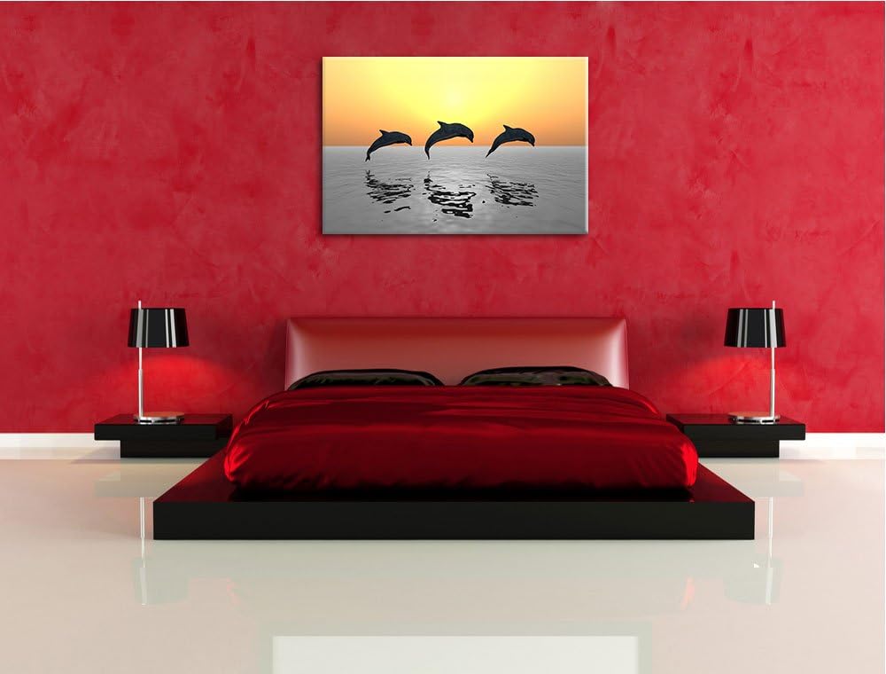 schöne Delfine beim springen schwarz/weiss Format: 100x70 auf Leinwand, XXL riesige Bilder fertig ge