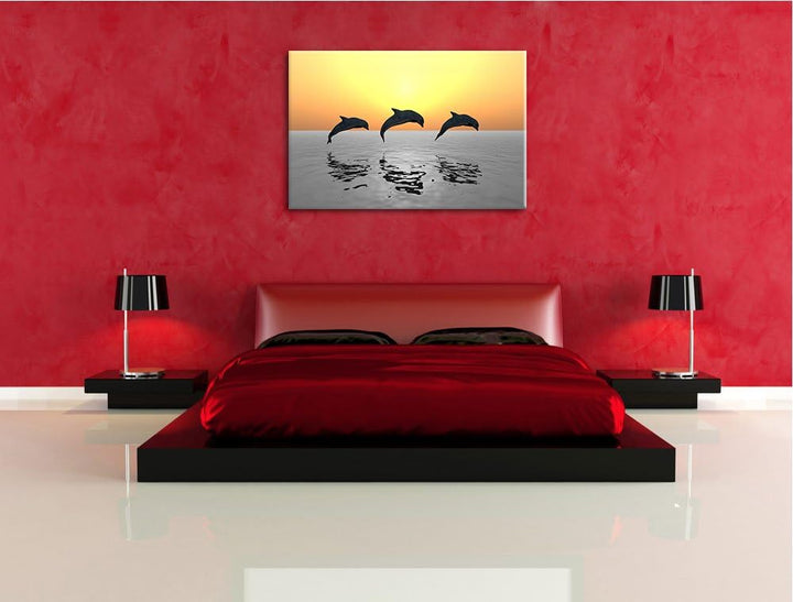 schöne Delfine beim springen schwarz/weiss Format: 100x70 auf Leinwand, XXL riesige Bilder fertig ge