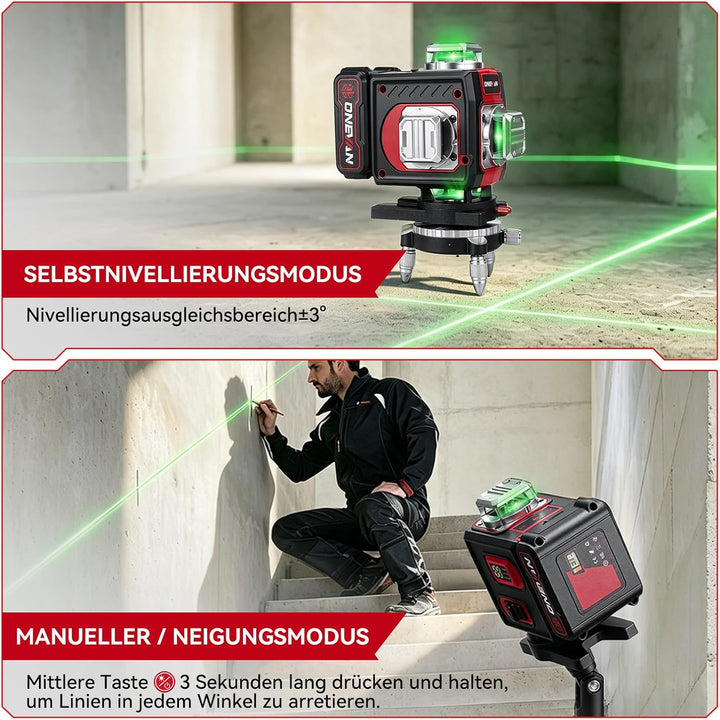 ONEVAN Kreuzlinienlaser mit Stativ, Selbstnivellierend, 360° 4D-Grünlaser | ±3° Selbstnivellierung,