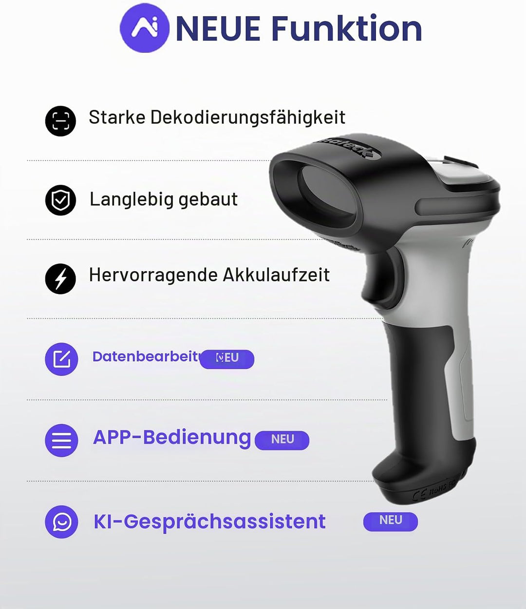 Inateck Barcode Scanner Bluetooth 1D mit AI, Handheld Kabellos, BCST-70 AI | 180 Tage Standby mit Ei