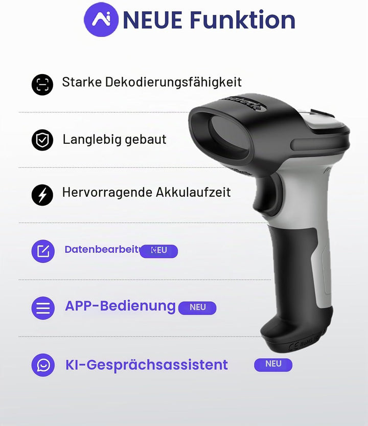 Inateck Barcode Scanner Bluetooth 1D mit AI, Handheld Kabellos, BCST-70 AI | 180 Tage Standby mit Ei