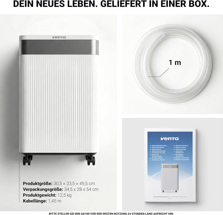 VENTA AD100 Luftentfeuchter elektrisch Raumentfeuchter | für Räume bis 40m² | Automatische Feuchtigk