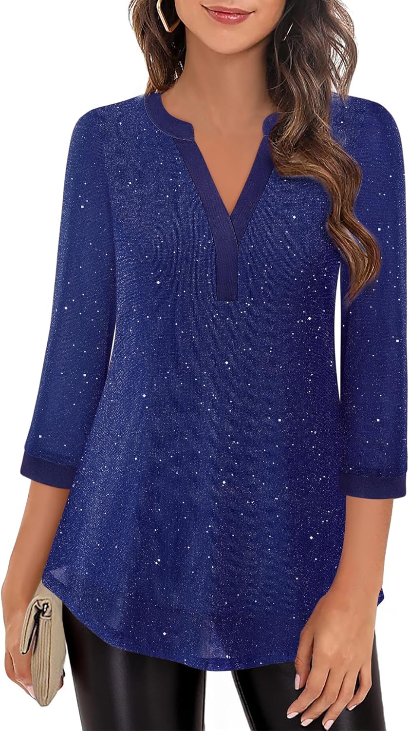 Damen 3/4 Ärmel Oberteil Henley V-Ausschnitt Hemden doppellagig Mesh Bluse Tuniken M Blinken Blau, M