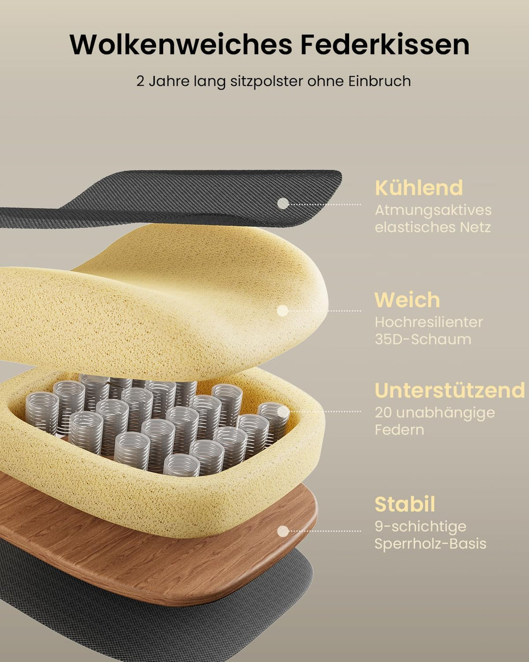 ProtoArc EC100 Bürostuhl Ergonomisch - Höherer Rücken Schreibtischstuhl mit Sitz aus 10CM Dicker Mes