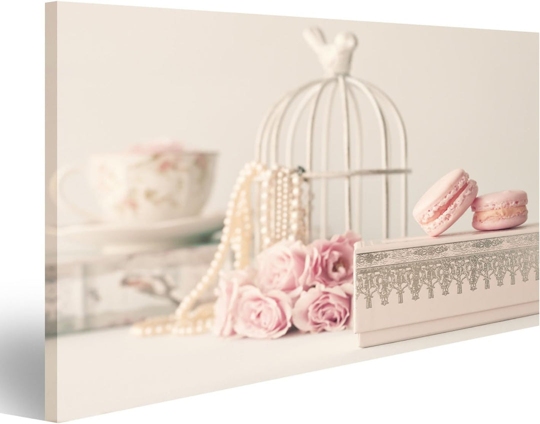 Bild Bilder auf Leinwand Vintage Rosen und Perlen mit Makronen über Box Wandbild, Poster, Leinwandbi