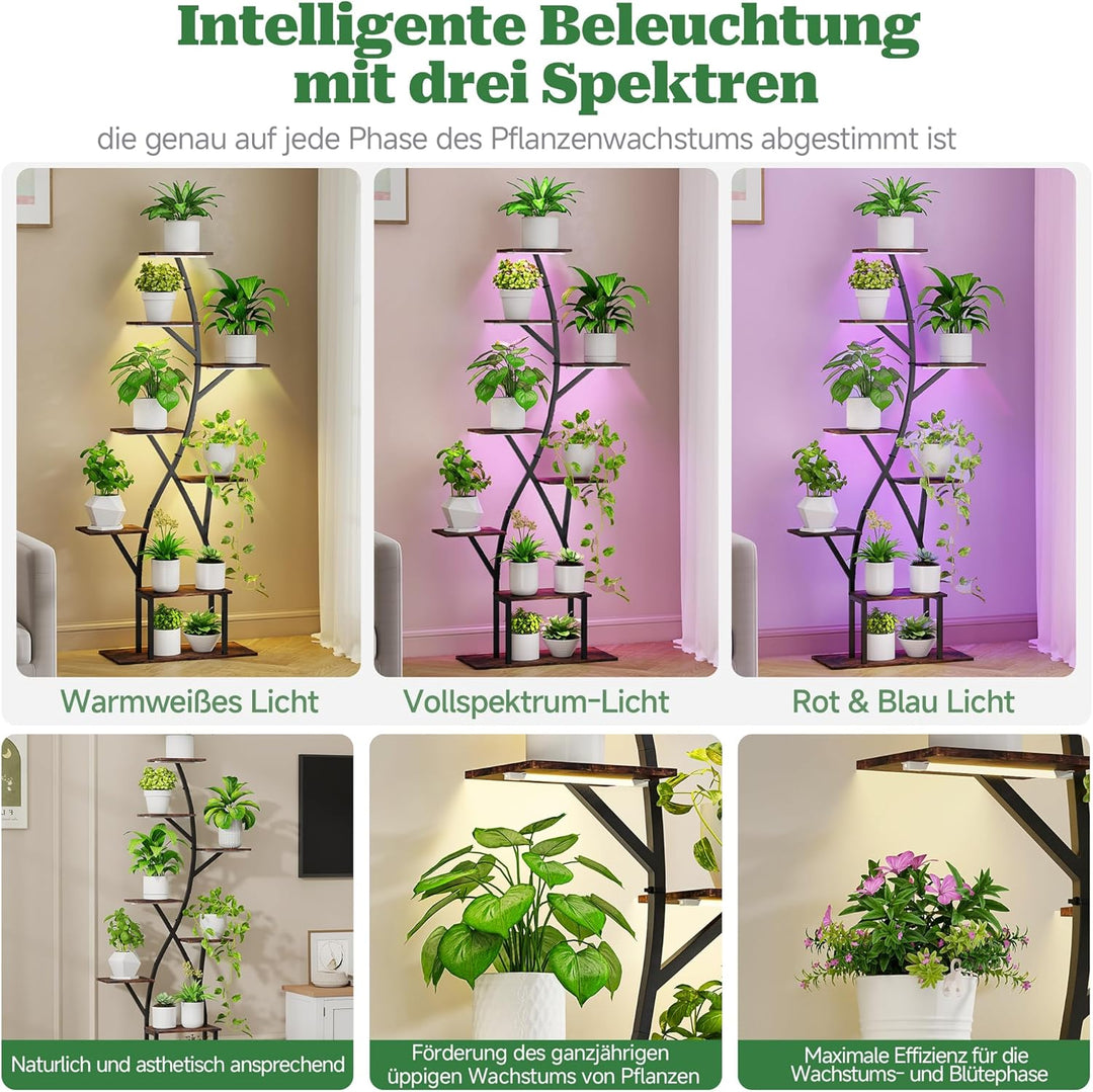 Pflanzenregal mit Wachstumslicht, 8-Etagen Blumenständer 165cm, 5-Kopf Pflanzenlampe aus Metall für