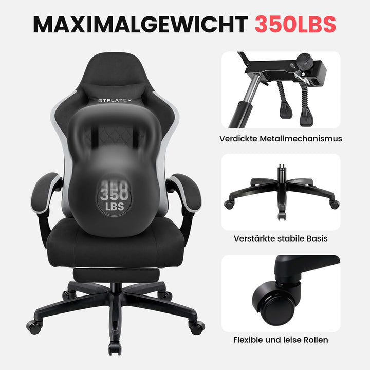 GTPLAYER Gaming Stuhl Stoff, Gaming Sessel mit Taschenfederkissen, ergonomischer Drehstuhl, Gamer St