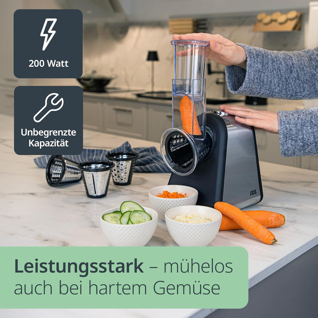 ADE Küchenreibe elektrisch, Gemüseschneider, Parmesanreibe, Gemüsereibe, Käsereibe, Gemüsehobel Karo