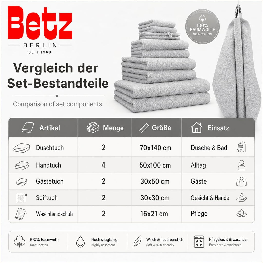 Betz 12 TLG. Handtuch Set Berlin 100% Baumwolle 2 Liegetücher 4 Handtücher 2 Gästetücher 2 Seiflappe
