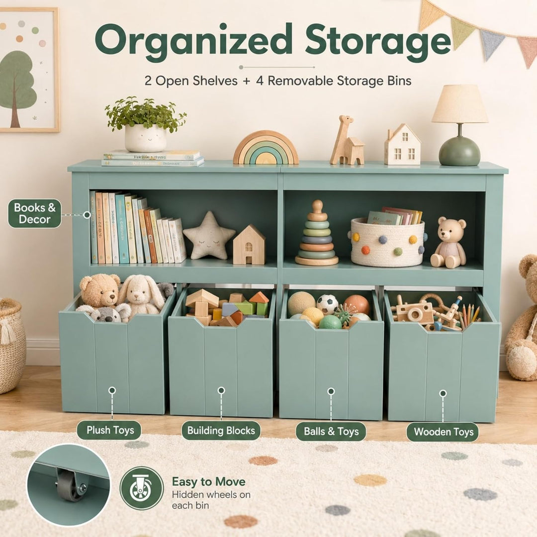 Spielzeugregal mit 4 herausnehmbaren Rollboxen, Kinderregal mit 2 offenen Fächern und Kippschutz, mu