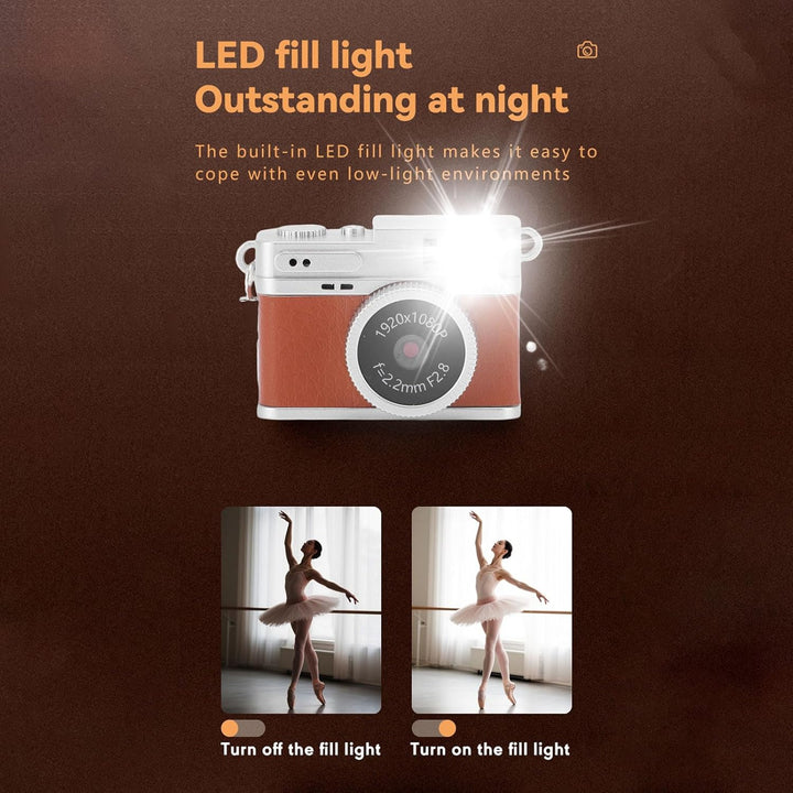 Elprico Retro -Digitalkamera, 1080p Vintage Style Point and Shoot Vlogging Camera mit Blitzlicht und