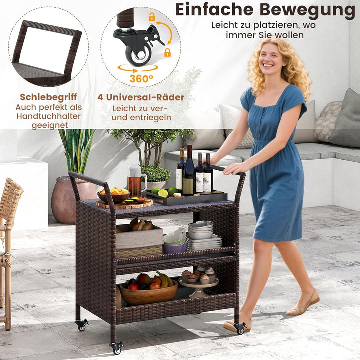 COSTWAY Servierwagen Rattan, Küchenwagen mit 3 Ablagen & Rollen & Seitengriffen, Grillwagen Grilltis
