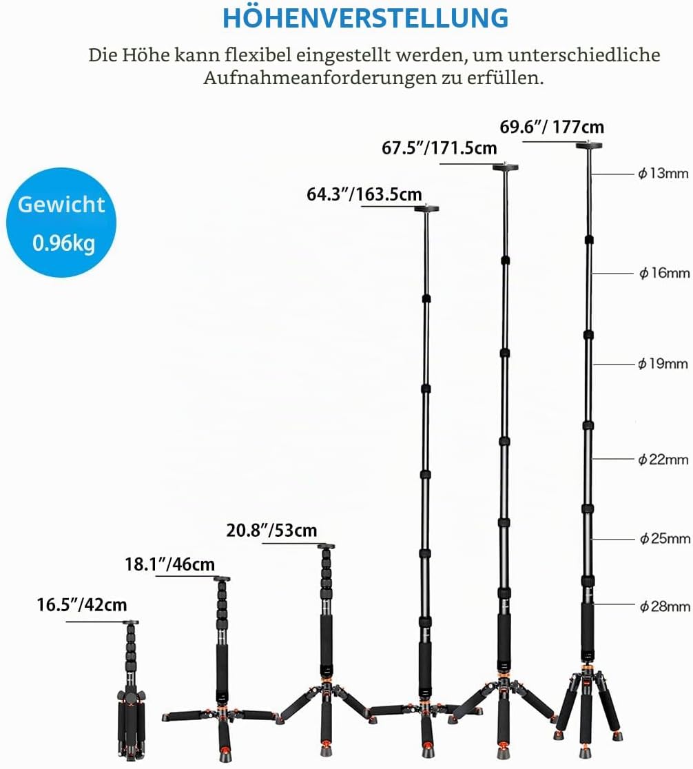 Koolehaoda Kamera-Einbeinstativ aus Aluminium mit Stativbasis aus Metall. 6 Abschnitte, 46–177 cm ve