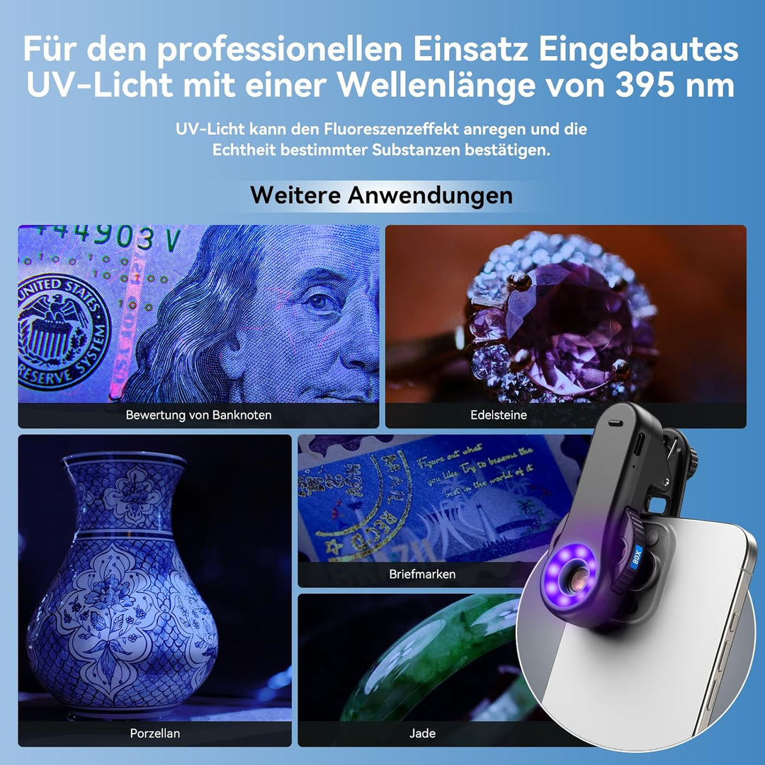 Evil Eye 40X-80X-120X Handy Mikroskop, Smartphone Mikroskop mit CPL-Filter, 16 LED, 8 UV-LED, Raddes