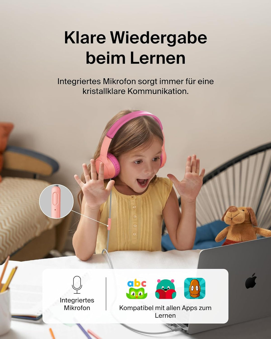 Belkin SoundForm Kopfhörer Kinder mit Kabel, USB-C auf 3,5-mm-Klinken Dongle, integriertes Mikrofon,
