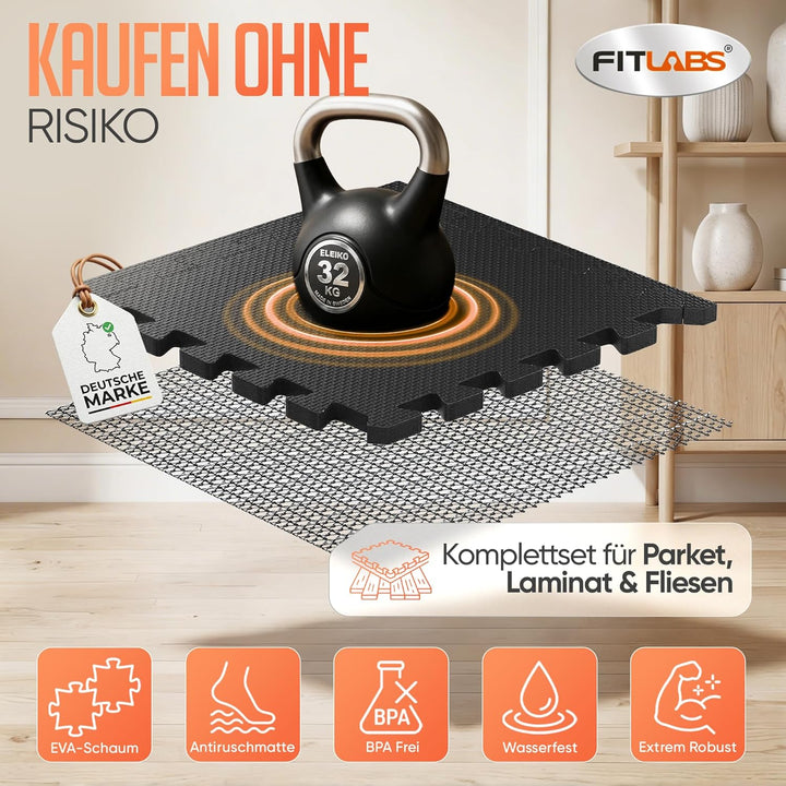 Bodenschutzmatte Fitness inkl. gratis Antirutschmatte & Zipperbag - 18/36/54 Puzzlematten - 30x30x1c