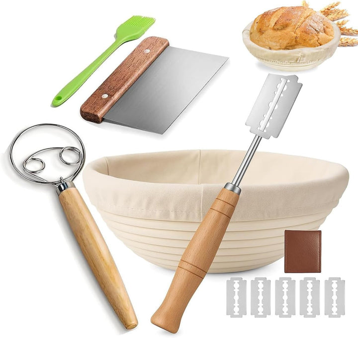 Gärkorb Brot Set,25cm Gärkörbchen zum Brotbacken, Sauerteig Starter Set, Einschliesslich Teigschaber