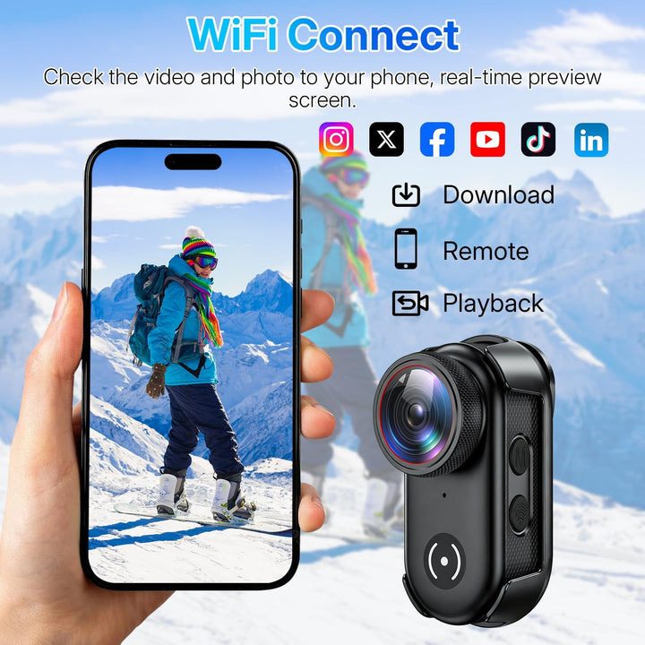 4K Action Cam Mini Bodycam, Magnetisch mit 6-Achsen EIS | 150° Weitwinkel, WiFi App, 150 Min. Aufnah