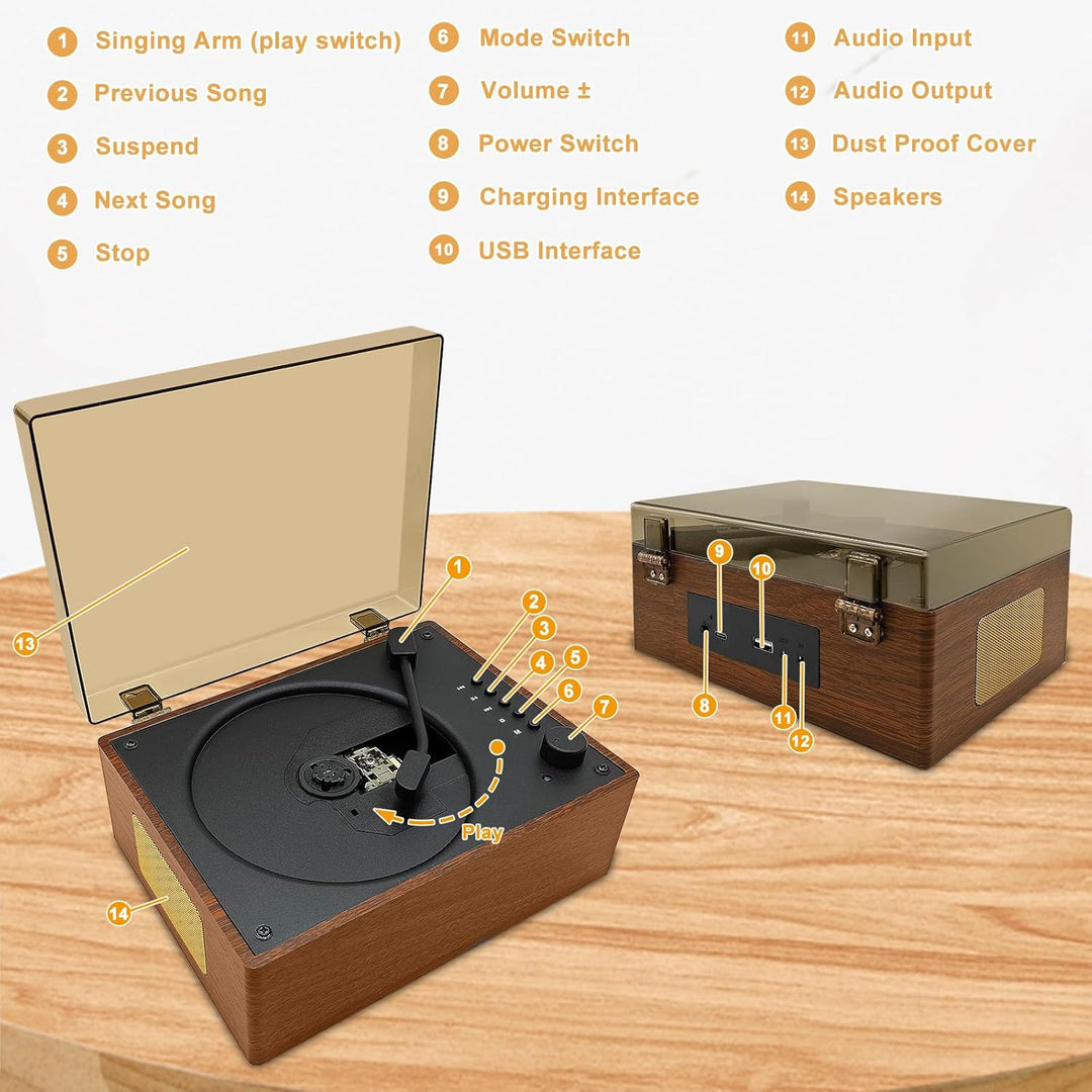 Retro CD-Player tragbar mit Lautsprechern – Bluetooth Desktop Knit für Zuhause, wiederaufladbarer Ak