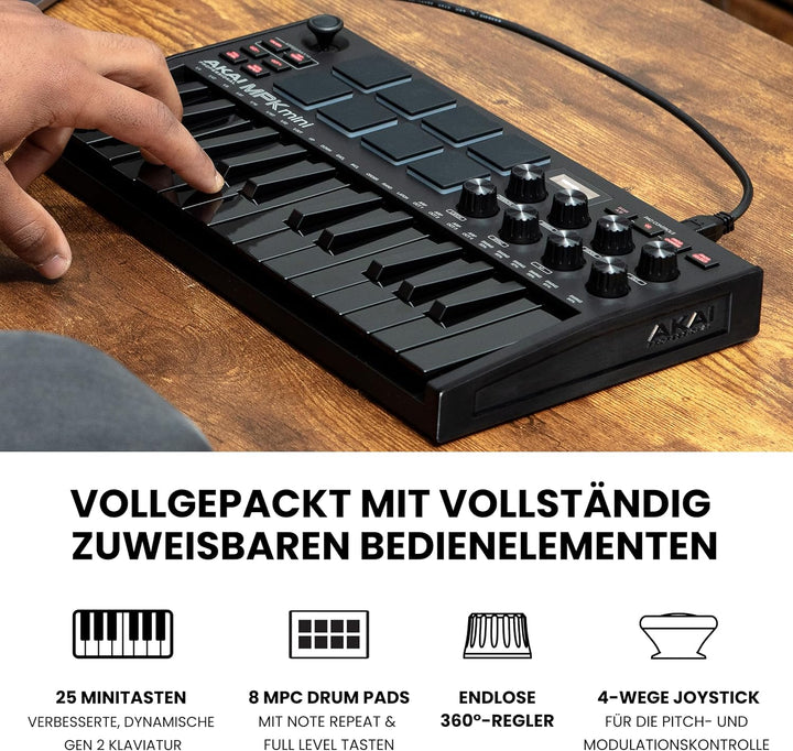AKAI Professional MPK Mini MK3 – 25-Tasten USB MIDI Keyboard Controller, 8 hintergrundbeleuchtete Dr