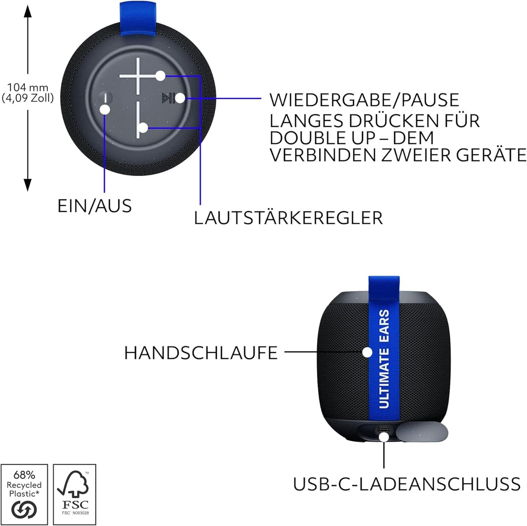 Ultimate Ears WONDERBOOM Play – mobiler wasserdichter Bluetooth-Lautsprecher, staubdichter schwimmfä