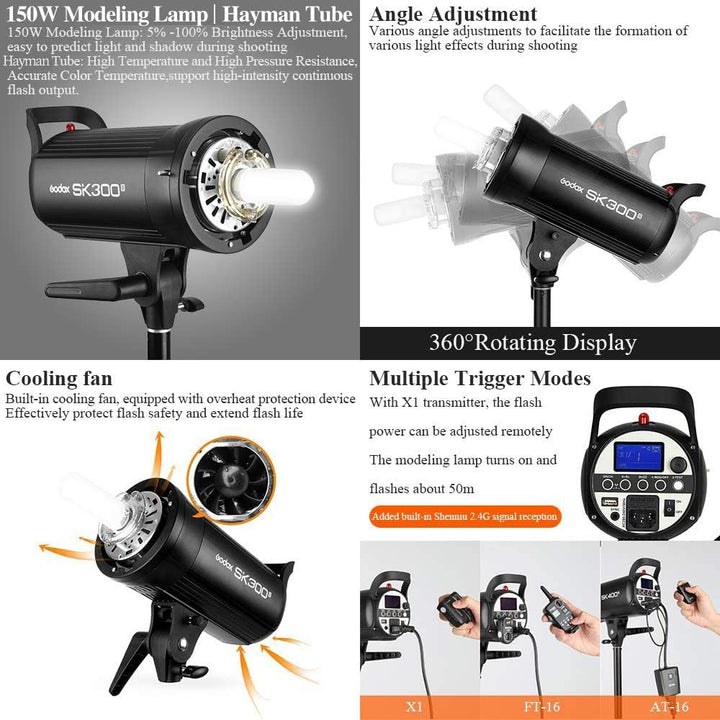 GODOX SK300II Studioblitz Profi Blitzkopf 300W GN58 Einstelllicht 150W Studio Strobe Bowens Blitz Bl
