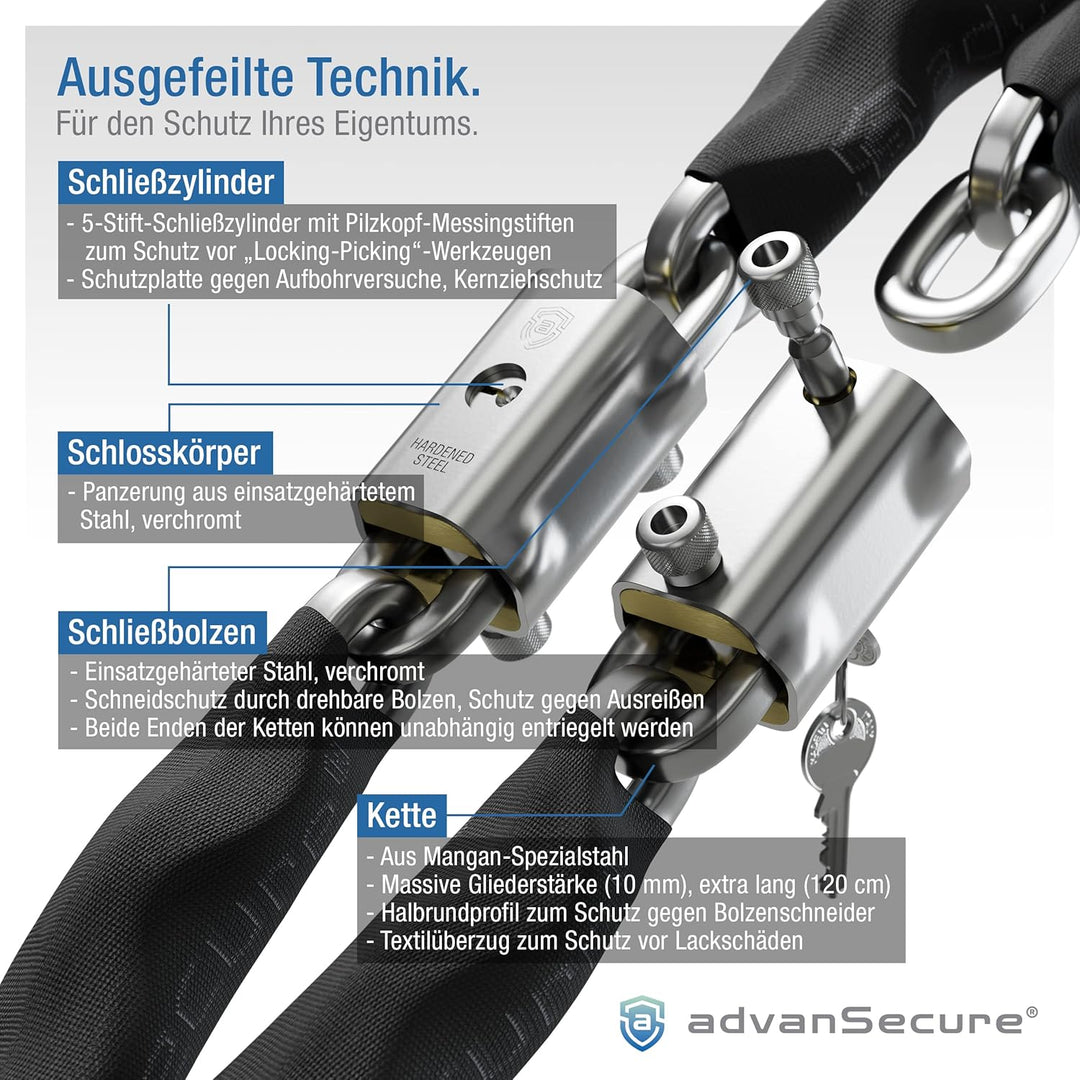 advanSecure® Hochsicherheits-Kettenschloss mit Satteltasche | optimal für E-Bike | max. Sicherheitss