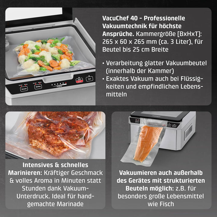 Caso VacuChef 40 - Kammervakuumierer aus Edelstahl, 3L Vakuumkammer 70 Liter/Minute, doppelte Schwei