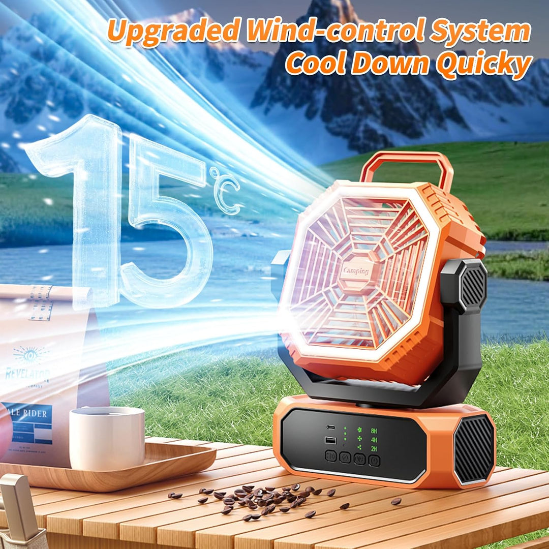 Tragbarer Campingventilator mit Licht, Camping Ventilator mit Fernbedienung, Timer, 3 Geschwindigkei